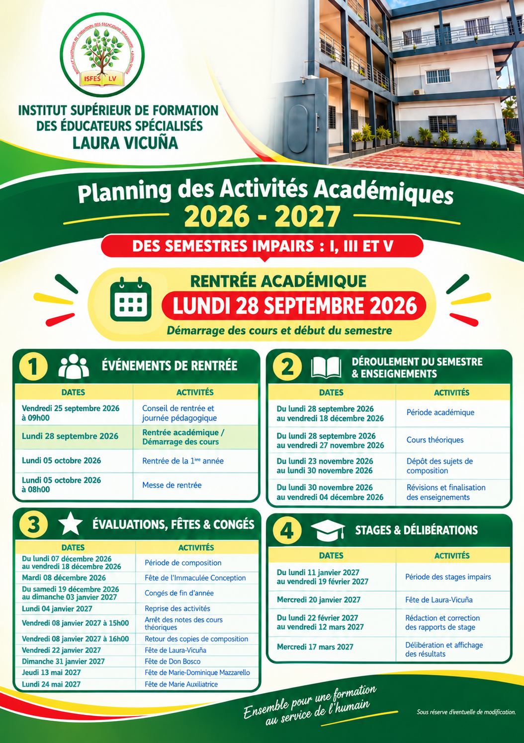 Planning des activités académiques 2026 - 2027